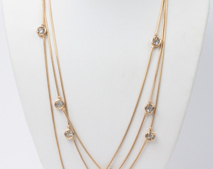 Crystal Station Necklace Three Chains Gold Tone Serpentine Chain Vintage