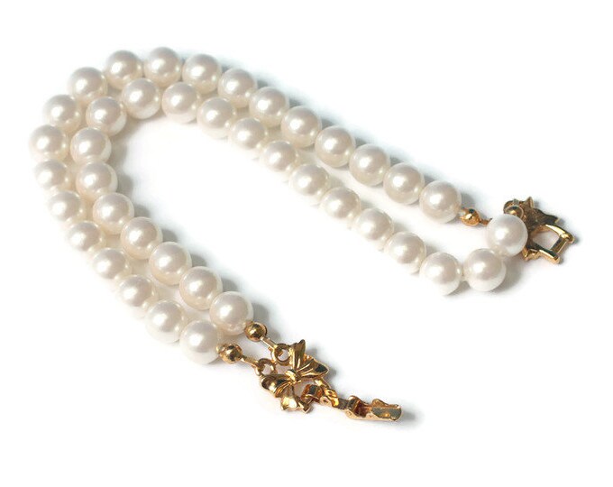 Two Strand Simulated Pearl Bracelet Bow Clasp Avon Vintage Wedding Bridal