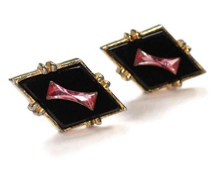 Black Glass Cuff Links Pink Inset Diamond Shaped Vintage Cufflinks