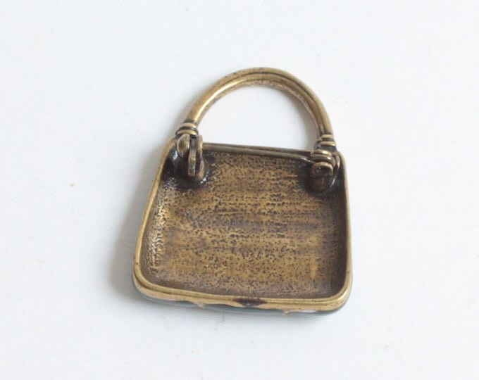Enameled Purse Handbag Pin Brooch Teal Green Brass Vintage