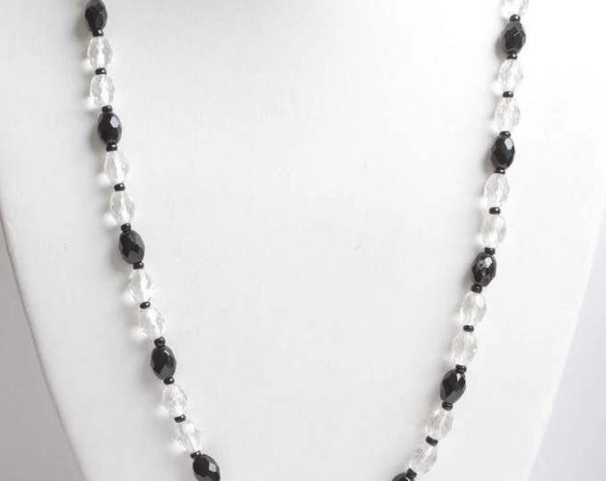 Faceted Black and Clear Crystal Bead Necklace Single Strand Vintage