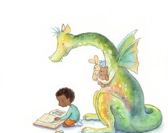 African American Boy Reading to a Dragon - Art Print - Children