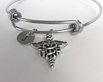Nurse Practitioner Charm Bracelet. NP Charm Bangle Bracelet. Nurse Practitioner Gift. Personalized Bangle Bracelet. Hand Stamped Initial