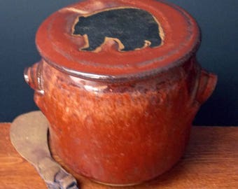 Large Stoneware French Butter Crock With Clay Knife ~ Big Bear Design ~ holds 2 sticks