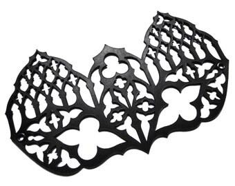 Black Leather Mens Masquerade Mask - Medieval Gothic Tracery Costume - CATHEDRAL PHANTOM
