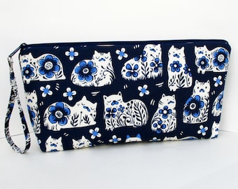 Knitting Zippered Project Bag, Wedge Bag, Antique Shop Cats in Blue, Cotton and Steel Fabric, Large Zipper Pouch,