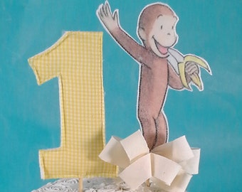 Curious George cake topper, fabric book birthday party cake top, monkey topper, E315
