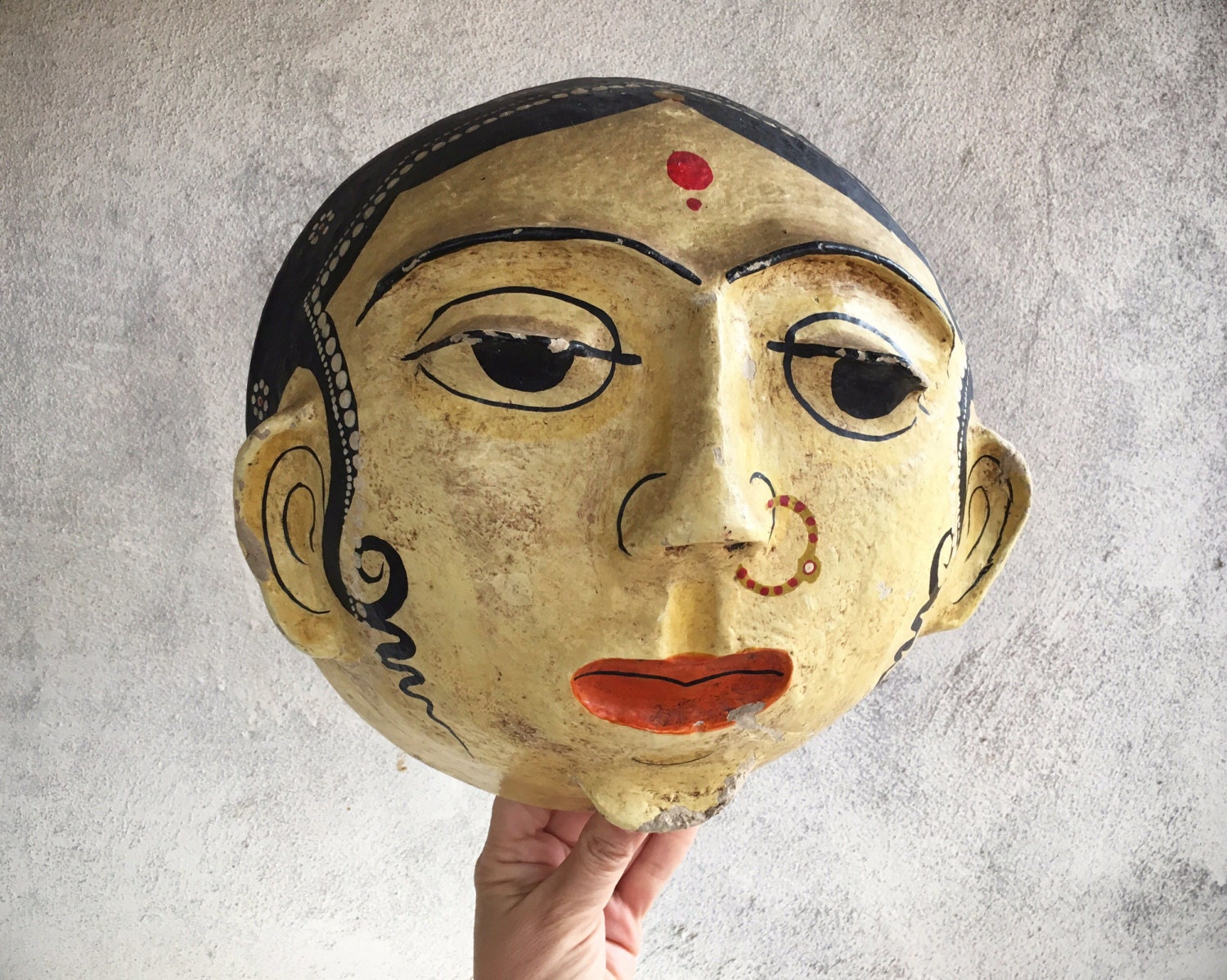 Large vintage Indian paper mache mask, handmade handpainted folk art