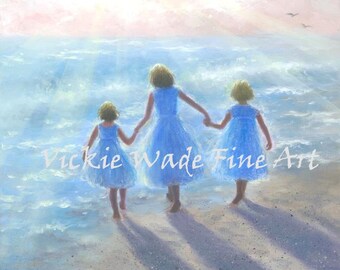 Three Beach Girls Art Print, three sisters on beach, walking on beach, beach prints, beach paintings, Vickie Wade art