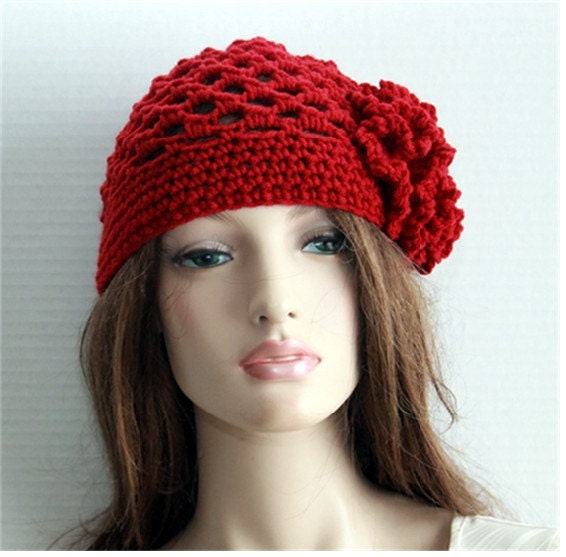 Crochet womens hat beanie 1920s style hat cranberry red