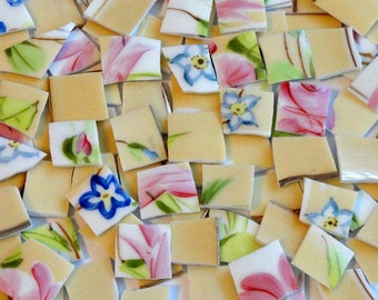 115 Yellow and Pink Vintage China Mosaic Tiles // Broken China//Mosaic Art Tiles//Mosaic Supplies