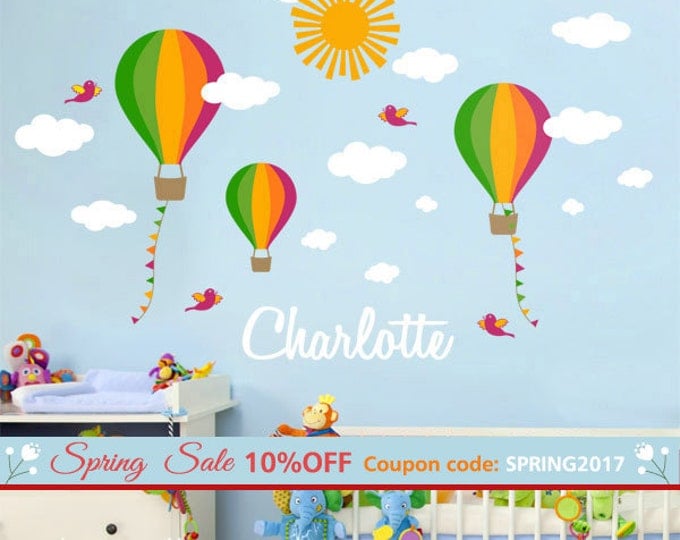 Nursery Wall Decal Hot Air Balloons Wall Decal Custom Name Decal Kids Balloon Wall Decor Balloons Clouds Wall Decal Personalized