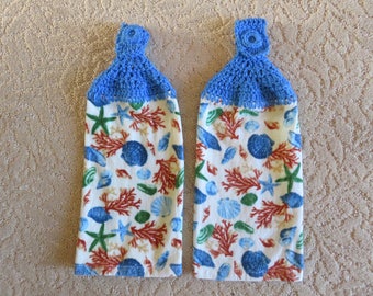 Crochet Top Towels, Hanging Kitchen Towels: Seashell Themed Towels with crochet yarn Tops-