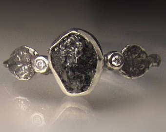 Raw Black Diamond Twig Ring in Recycled Sterling Silver, Engagement Ring