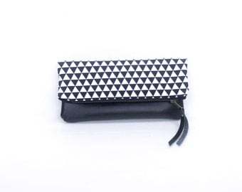 Leather Fold Over Clutch, Foldover Clutch, Black and White Triangle Print, Evening Clutch, Folded Handbag