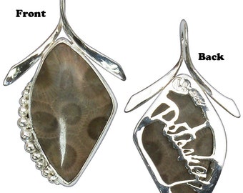 Petoskey Stone Pendant, Sterling Silver, Petoskey cut into back plate ppkyg2758