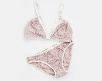 First Blush Pale Pink Sheer Lace and Ivory Strappy Lingerie Bra and Panties Set Handmade to Order by Ohh Lulu