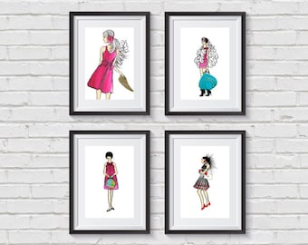 4 Fashion Illustrations all together - 20% OFF / fashion wall art / pink fashion prints / vintage fashion