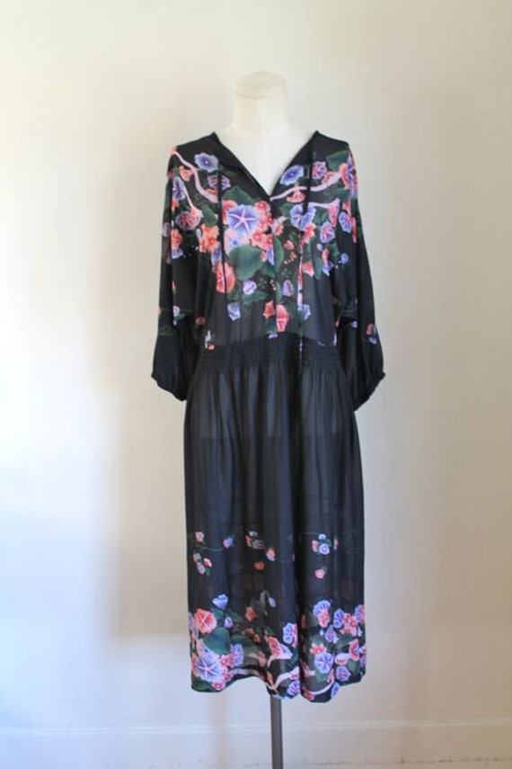 vintage 1970s floral dress MORNING GLORY black floral sheer