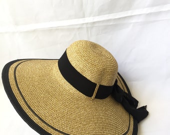 Adjustable Lady Straw Sun Hat 5.6inch brim (Black)