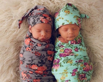 Sale Baby swaddle set, floral baby blanket, Baby knot top hat, Baby shower gift, floral swaddle set, floral blanket- GREY peach