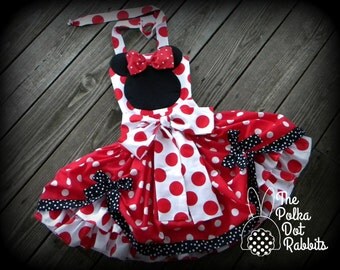 Toddler Girls Red Minnie Mouse Costume Party Pageant Red Polka Dot Ruffle Poof Dress, Applique Minnie Silhouette Twirl Skirt- Halter Top