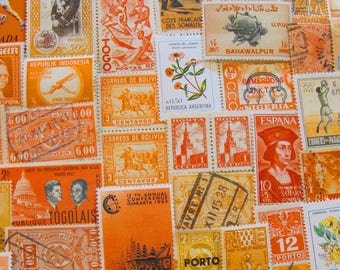 Shades of Orange 100 Vintage Postage Stamps Peach Nectarine Tangerine Citrus Lemon Yellow Gold Rust Scrapbooking US Worldwide Philately 2
