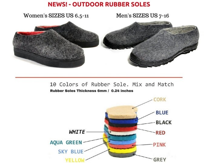 Mens Felted Slippers Gray Black, Wool Clogs Outdoors, Mix and Match 5 Color Rubber Soles, House Shoes, Gifts for Husband Dad Brother