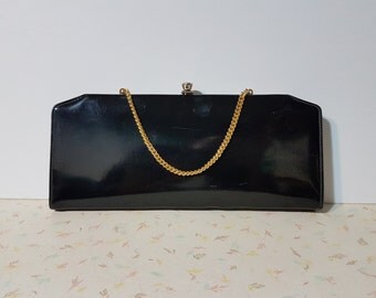 Vintage Black Shiny Mod Clutch Purse 1950's