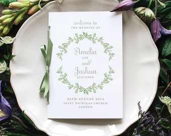 Rustic Botanical Wedding Program / 'Vintage Wreath' Pocket-sized Order of Service Mass Booklet / Sage Green or Custom Colours / ONE SAMPLE