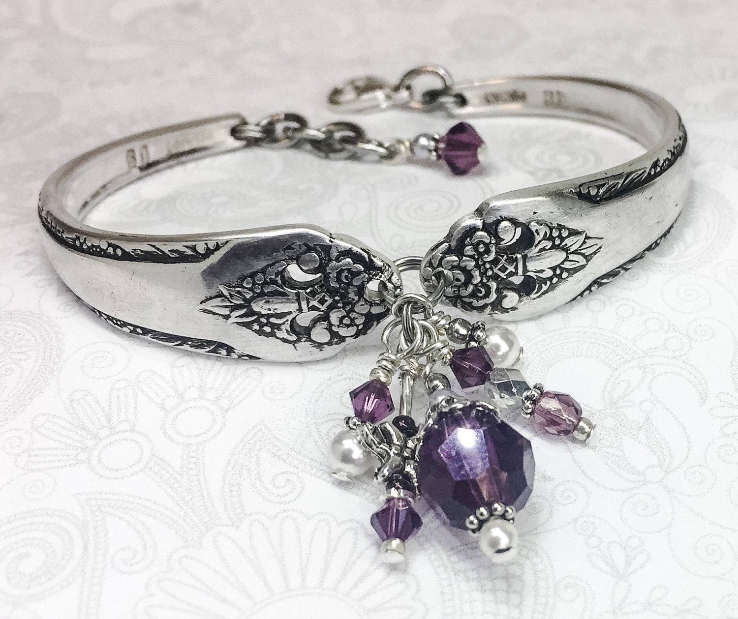 Silver Spoon Bracelet Purple Crystals Dragonfly & White