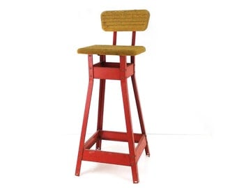 Industrial Tall Metal Stool with Cork Seat / Red-orange