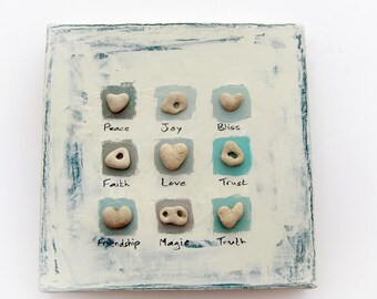 Unique Home decor - Pebble Art - Stones Art - Beach Rocks Art, OOAK House Blessings, genuine Heart shaped Beach stones rocks, Hebrew Letters