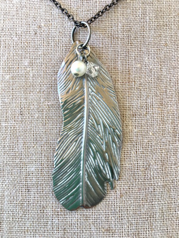 Tin Feather Necklace Christmas Gift Industrial Jewelry Shabby