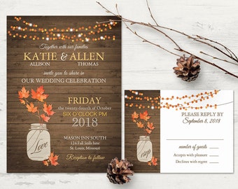 Rustic Fall Wedding Invitation Set | Fall Leaves Mason Jar Wedding Invite and RSVP String Lights Country Wedding | DIY digital printable