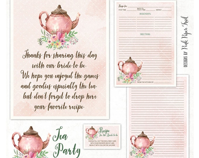 Tea Party Recipe Card Suite, Recipe Card, Sign and Note, Bridal Tea Party, Bridal Shower, Printable Suite, Instant Download, Print Your Own