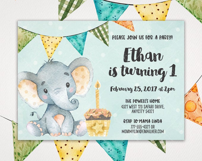 Cute Baby Boy Elephant Birthday Invitation, Baby Boy Birthday Invitation, Baby Boy Elephant Jungle Safari Printable Invitation