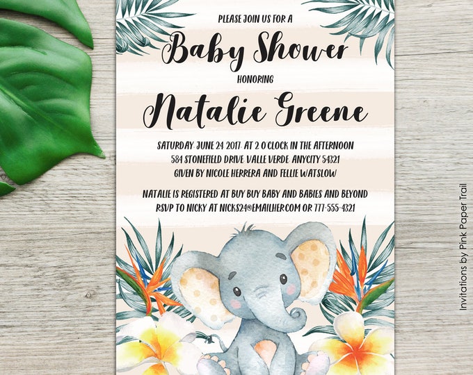 Baby Elephant Folded Type Printable Thank You Card Instant Download, Gender Neutral Baby Elephant Thank You Card, Jungle Tropical Party