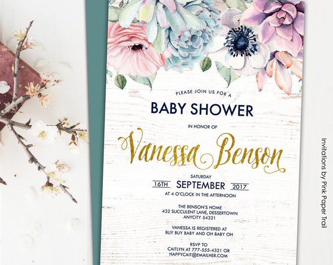 Sweet Dainty Floral Succulent Boho Chic Baby Shower Invitation, Rustic Succulent Protea Anemone Gold Printable Invitation
