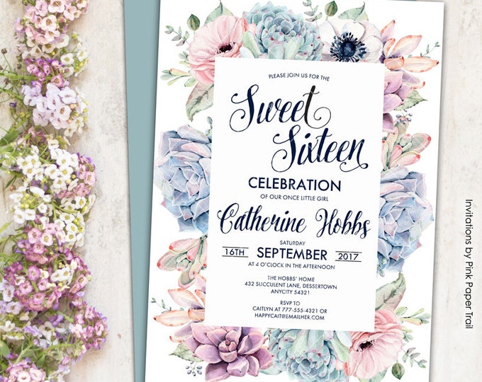 Sweet Dainty Floral Succulent Boho Chic Sweet Sixteen or Quinceanera Invitation, Succulent Protea Anemone Rustic Printable Invitation