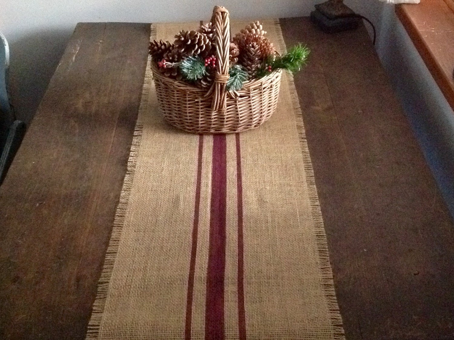Rustic Burlap Table Runner 1014x72 84 or 96 Merlot Striped