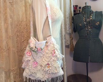 Layered Doily Purse, handmade gorgeous in a shabby romantic style, white lace doily embellish, handmade fabric purse