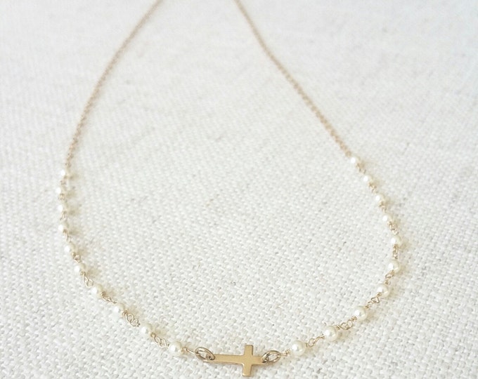 Cross Necklace , Pearl Cross Necklace, Gold Pearl Cross Necklace, Gold Cross Necklace, Gold Pearl Necklace, Pearl Necklace
