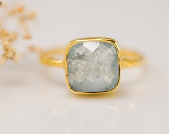 Aquamarine Ring Gold, March Birthstone Ring, Stacking Ring, Gemstone Ring, Gold Ring, Square Stone Ring, Dainty Ring, Boho, Gift for Her