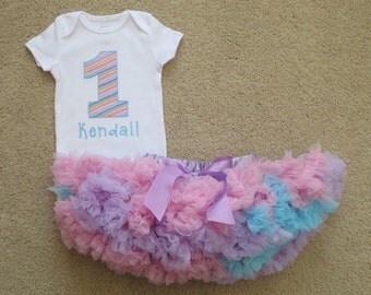 1st Birthday Girl Outfit - Pink Lavender Blue Pastel Stripe Bodysuit - Baby Pettiskirt Tutu - Ready to Ship - Girls First Birthday Outfits