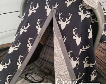 Car seat Canopy Navy Buck Grey Bark REVERSIBLE 2 in 1 carseat canopy / car seat cover / car seat tent / infant car seat / nursing cover