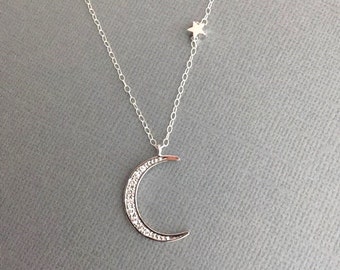 Star and Moon Necklace, Silver Star and Moon Jewelry,Sterling Silver Moon Necklace,Silver Star Necklace,Moon and Star Jewelry,Crescent Moon
