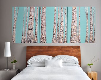 READY TO SHIP: 24x54 Modern Teal Mint Bare Aspen Tree Forest Multi Panel Winter