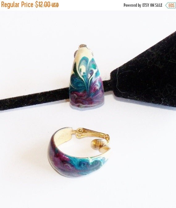 Vintage Clip on Earrings Purple Teal Ivory by YoursOccasionally