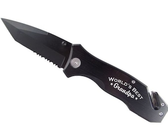 World's Best Grandpa Black Tactical Rescue Knife - Tactical Groomsman Knife - Engraved Survival Knife - Personalized Rescue Knife